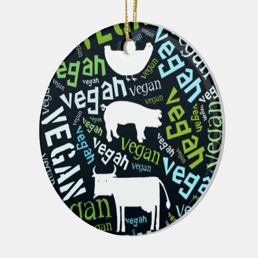 牛が付いている"ビーガン"の単語雲のモザイク、ブタ、雌鶏 セラミックオーナメント (左)