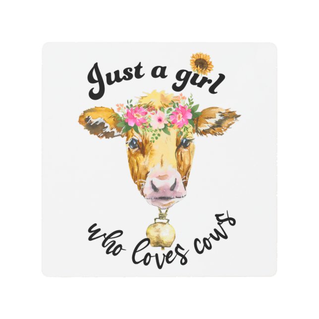 牛が可愛い牛の水色を愛しているだけの女の子 メタルプリント (正面)