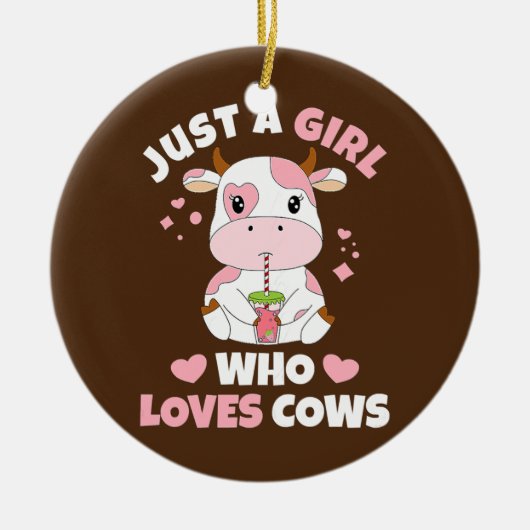 牛が大好きな女の子かわいいイチゴの牛 セラミックオーナメント (正面)