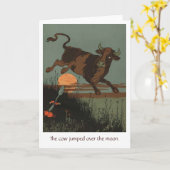 牛が月の上にジャンプ、グリーティングカード カード (黄色い花)