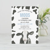 牛が聞いたことがあるって moo ブルーのチェックの誕生日 招待状 (スタンド正面)