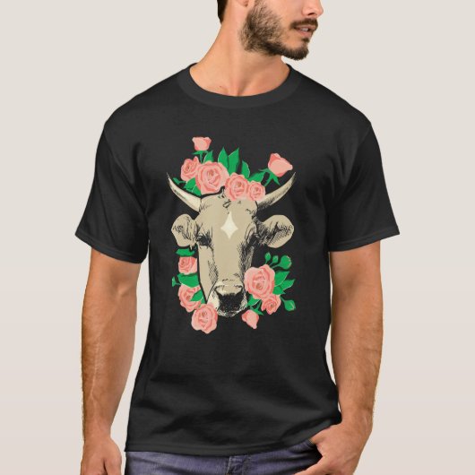 牛とバラの花 フラワー かわいい農家の奥さん Tシャツ (正面)