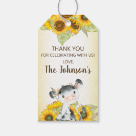牛とヒマワリ女の子の感謝してい誕生日ラベル。gi ギフトタグ