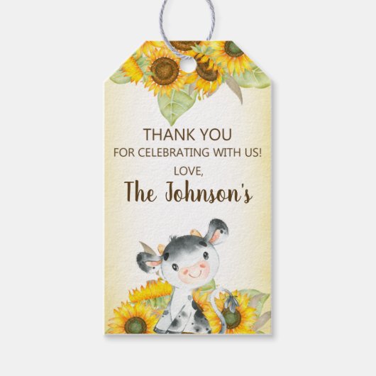牛とヒマワリ女の子の感謝してい誕生日ラベル。gi ギフトタグ (正面)