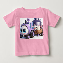 牛とミルクと紫のトラクター ベビーTシャツ