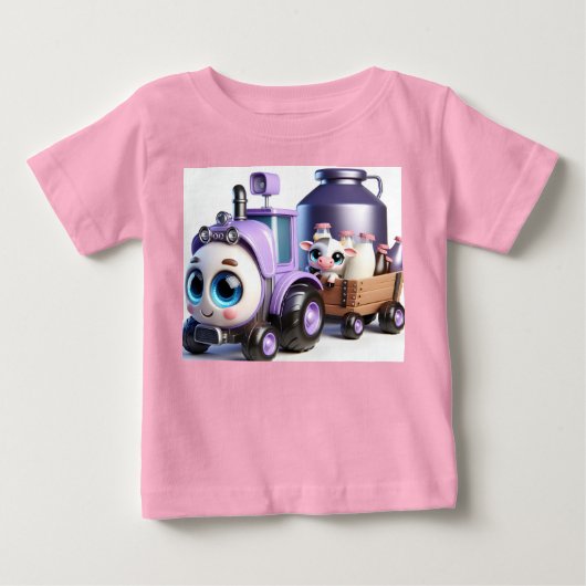 牛とミルクと紫のトラクター ベビーTシャツ (正面)