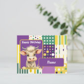 牛とレトロなドットとラインのハッピーバースデー ポストカード (スタンド正面)