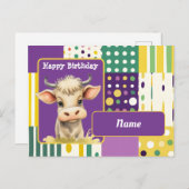 牛とレトロなドットとラインのハッピーバースデー ポストカード (正面/裏面)