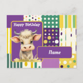 牛とレトロなドットとラインのハッピーバースデー ポストカード (正面)