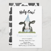 牛と青パーティー帽子の牛のプリント招待状 招待状 (正面/裏面)