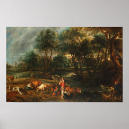 牛と鴨の猟師がいる風景 ポスター