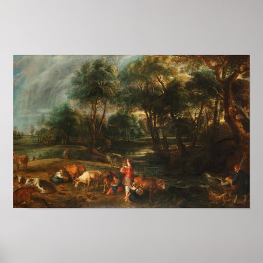 牛と鴨の猟師がいる風景 ポスター (正面)