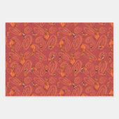 牛と鶏の赤い男のパターン ラッピングペーパーシート (正面2)