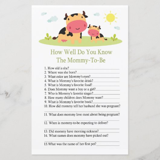 牛どのように良い知っている赤ちゃんシャワーゲーム (正面)