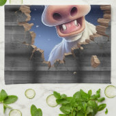 牛のおもしろいのぞき漫画の農場の動物かわいい キッチンタオル (折り畳み)