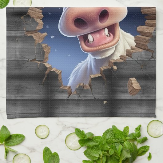 牛のおもしろいのぞき漫画の農場の動物かわいい キッチンタオル (折り畳み)