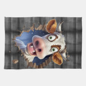 牛のおもしろいのぞき漫画の農場の動物かわいい キッチンタオル (横)