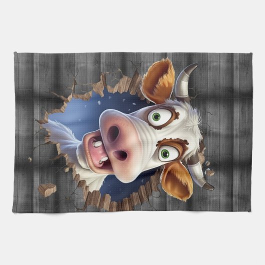 牛のおもしろいのぞき漫画の農場の動物かわいい キッチンタオル (横)