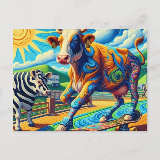 牛のおもしろいカラフルスケートボード ポストカード (正面)