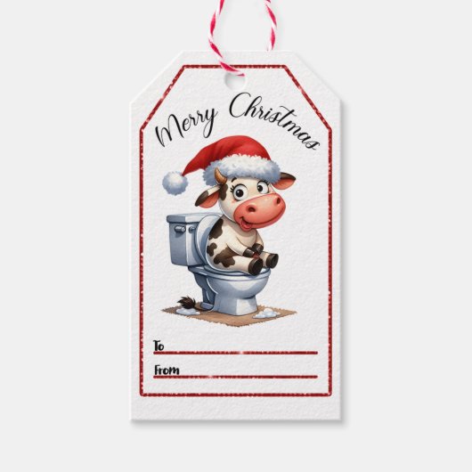 牛のおもしろいトイレのクリスマスラベル ギフトタグ (正面)