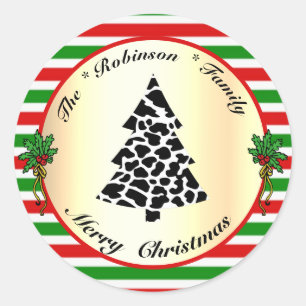 牛のおもしろい汚れが赤と緑のクリスマスツリー ラウンドシール