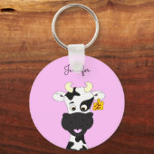 牛のおもしろい漫画のピンクの名前keychain キーホルダー (正面)