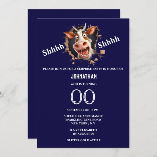 牛のおもしろい顔驚きのパーティー任意の年齢青 招待状 (正面/裏面)