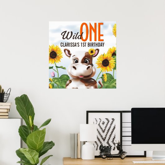 牛のひまわり少女の1歳の誕生日 ポスター (ホームオフィス)