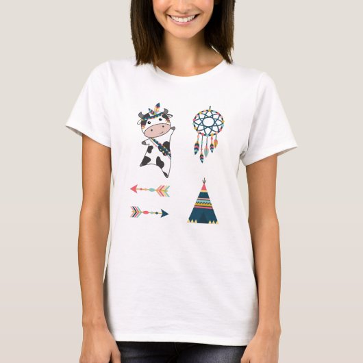 牛のインディアン羽毛のアドレスTipi矢印ステッカー Tシャツ (正面)