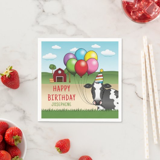 牛のカラフル持ち風船キッド誕生日 スタンダードカクテルナプキン (インサイチュ)