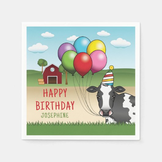 牛のカラフル持ち風船キッド誕生日 スタンダードカクテルナプキン (正面)
