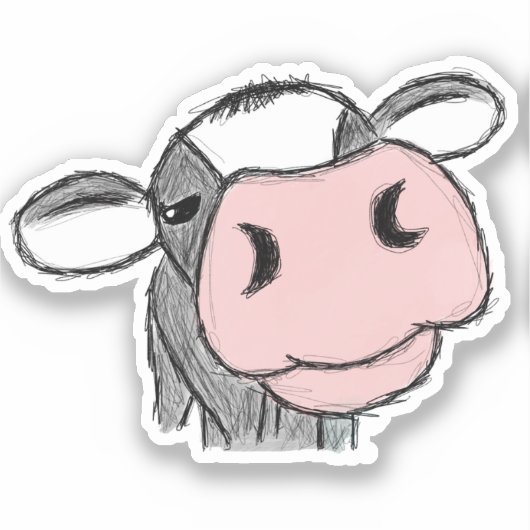 牛のキス 手描き モノクロ グレー 農場の動物 シール (正面)