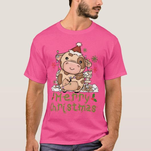 牛のクリスマスかわいい牛メリークリスマスボーイ Tシャツ (正面)
