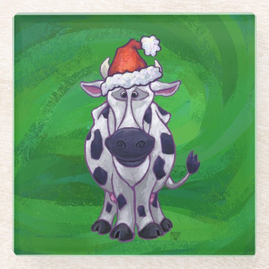 牛のクリスマスオングリーン ガラスコースター (正面)