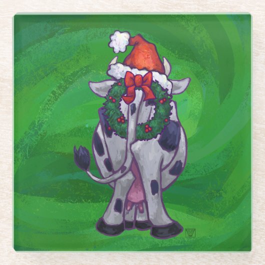 牛のクリスマスオングリーン ガラスコースター (正面)