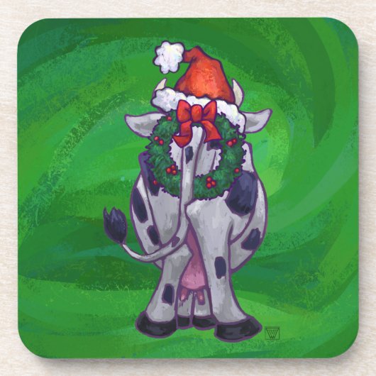 牛のクリスマスオングリーン コースター (正面)