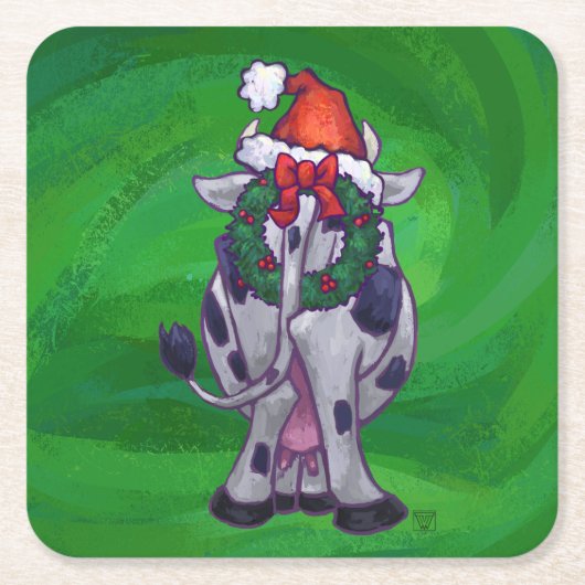 牛のクリスマスオングリーン スクエアペーパーコースター (正面)