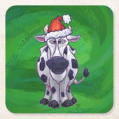 牛のクリスマスオングリーン スクエアペーパーコースター (正面)