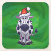 牛のクリスマスオングリーン スクエアペーパーコースター (正面)