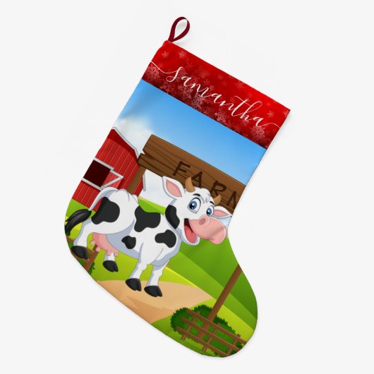 牛のクリスマスオーナメント ラージクリスマスストッキング (正面 (吊り時))