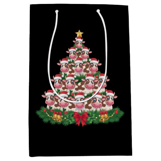 牛のクリスマスツリーおもしろい牛の恋人の牛のクリスマス ミディアムペーパーバッグ (正面)