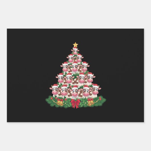 牛のクリスマスツリーおもしろい牛の恋人の牛のクリスマス ラッピングペーパーシート (正面)