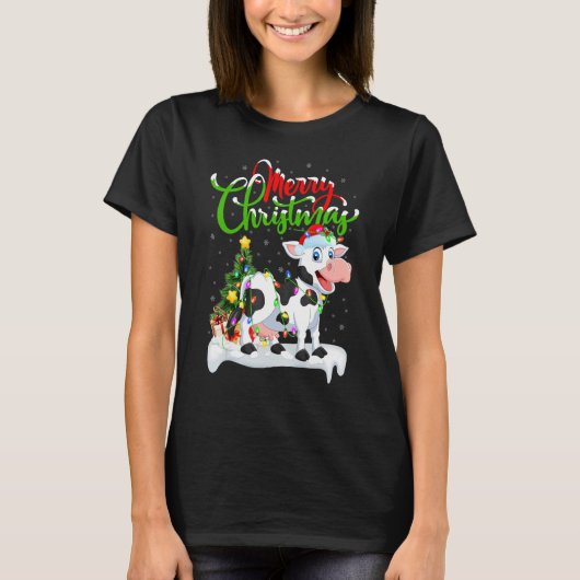 牛のクリスマス飾り サンタ 牛 クリスマス Tシャツ (正面)