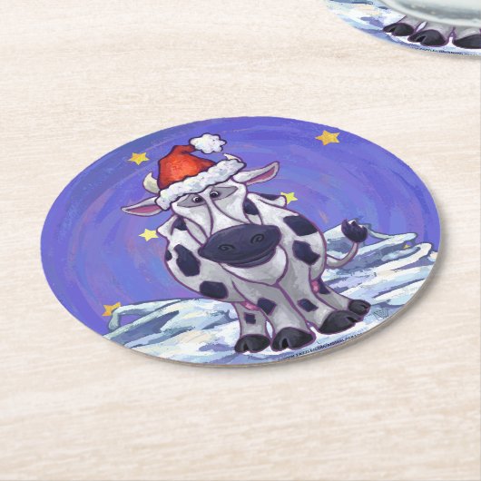 牛のクリスマス ラウンドペーパーコースター (アングル)