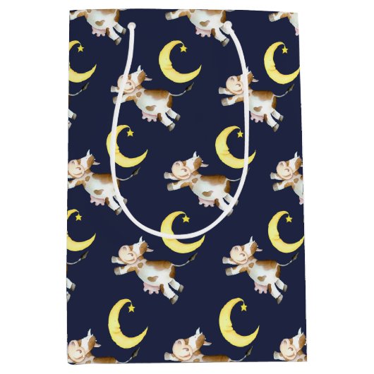 牛のジャンプ月の水の色絵画の芸術 ミディアムペーパーバッグ (正面)