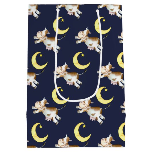 牛のジャンプ月の水の色絵画の芸術 ミディアムペーパーバッグ (裏面)