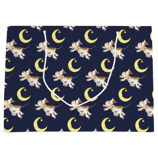 牛のジャンプ月の水の色絵画の芸術 ラージペーパーバッグ (正面)