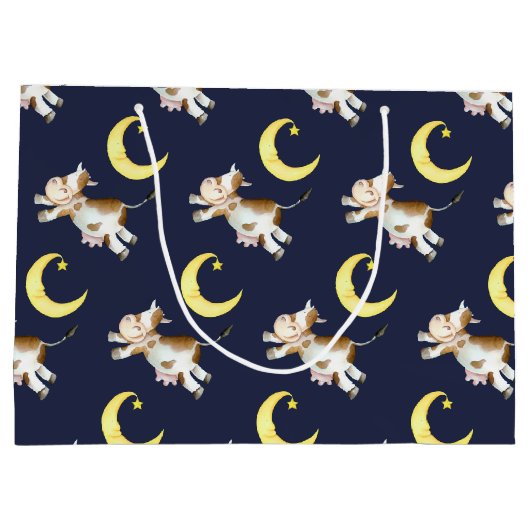 牛のジャンプ月の水の色絵画の芸術 ラージペーパーバッグ (裏面)