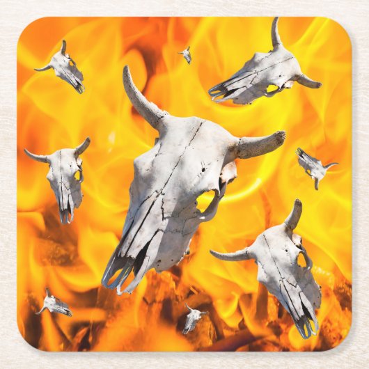 牛のスカルと火 スクエアペーパーコースター (正面)
