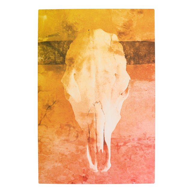 牛のスカルウォールアート、暖かいトーン、金属プリント メタルプリント (正面)